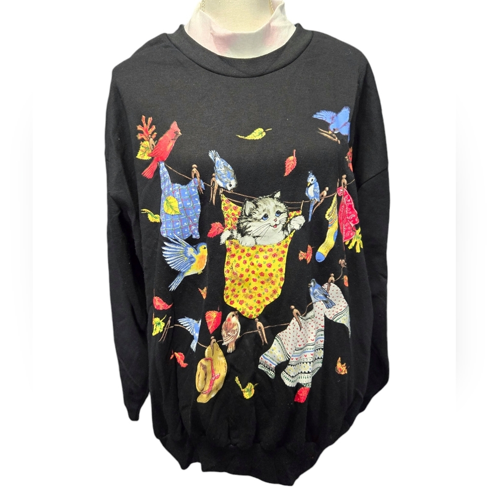 Vintage Y2K Basic Editions kitten laundry line cute mock neck sweatshirt